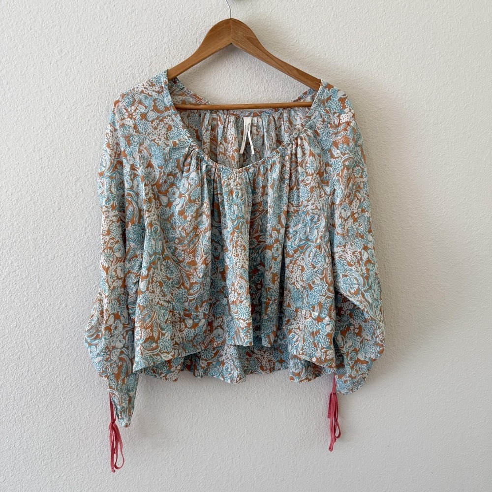 Anthropologie Floral Kimono Blouse Top Womens M Blue Brown Peasant Boho Festival
